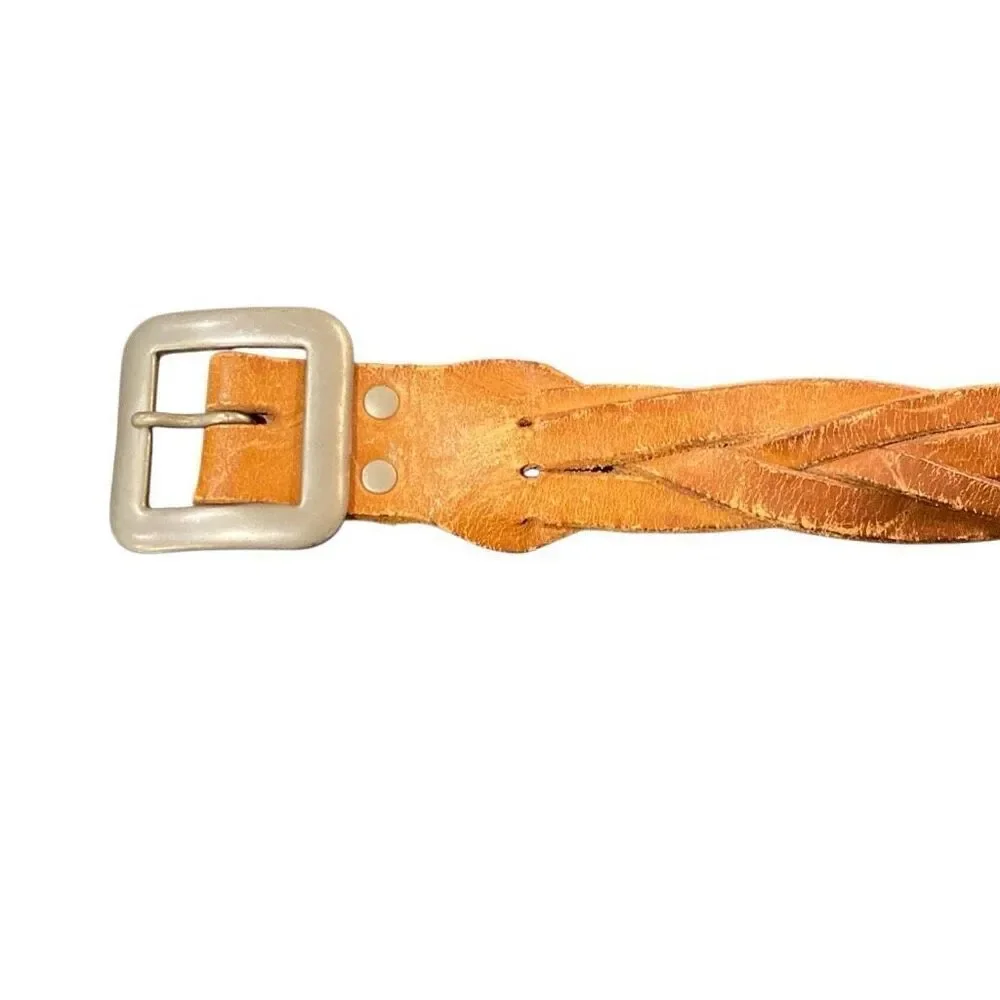 Braided Brown Leather Belt Western Boho Cowgirl Silver Tone Buckle Womens Large